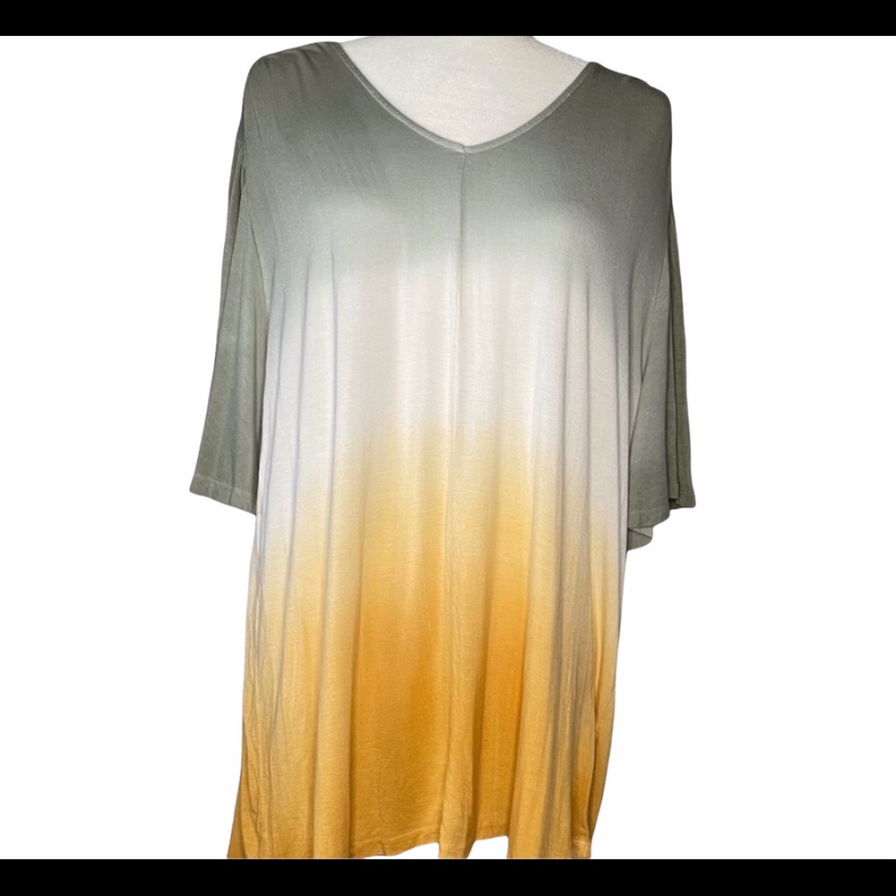 Green, White & Yellow Dip-dyed Hi-lo, V-neck Top